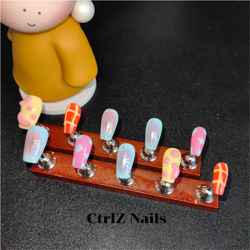 3D Dopamine Rainbow Press On Nails - Handmade Color-Clash False Nails with Unique Design