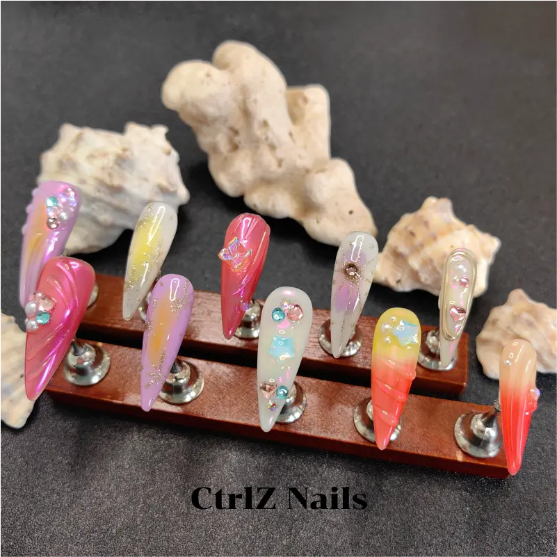 Handmade Summer Beach Press On Nails - Blue Ocean Ombre Glitter Acrylic Fake Nails