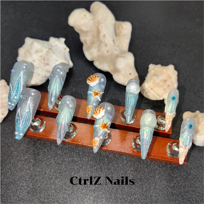 Handcrafted Dreamy Shell Press On Nails - Elegant Mermaid Style Fake Nails for Summer