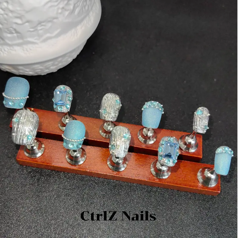 Chrome Press On Nails - Iridescent Sapphire Blue Handmade Fake Nails