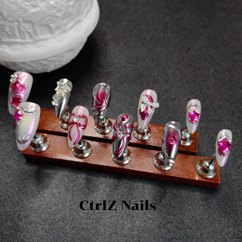 Silver Pink Press On Nails - Edgy Sweet Liquid Sugar Design Handmade Fake Nails