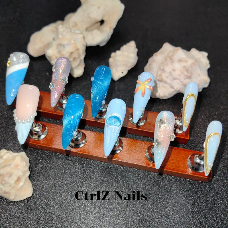 Abyssal Dream Fake Nails - Ocean Fantasy Pearl & Shell Design Handmade Fake Nails