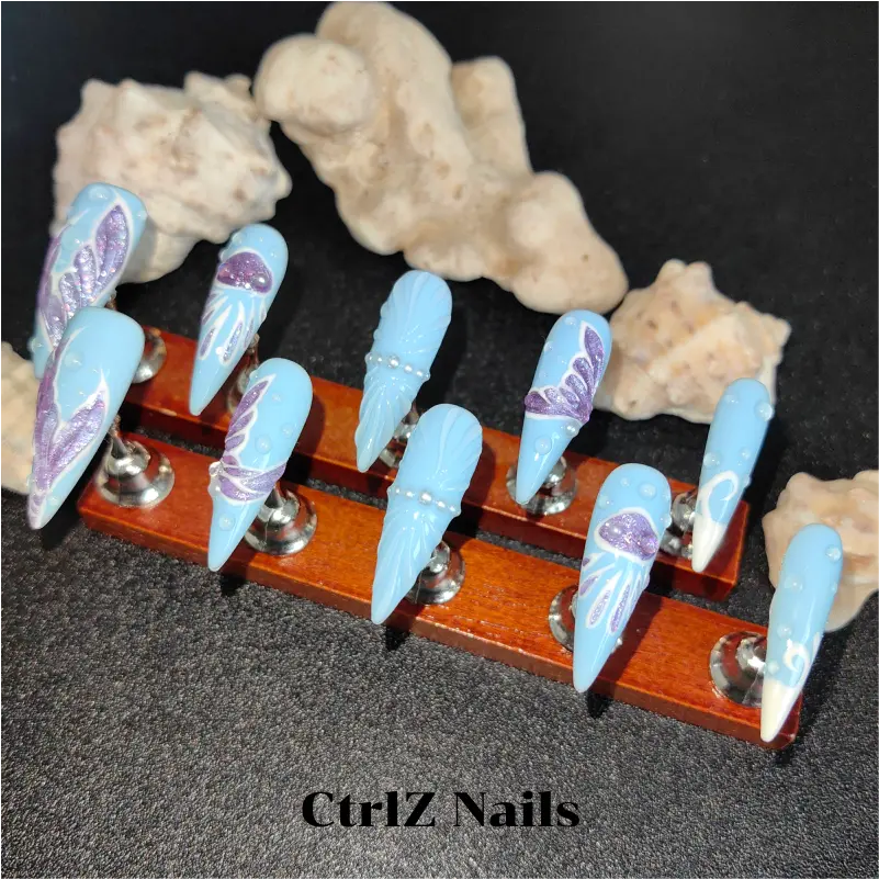 Handmade Mermaid Waves Press On Nails - Blue Ombre Glitter Acrylic Fake Nails