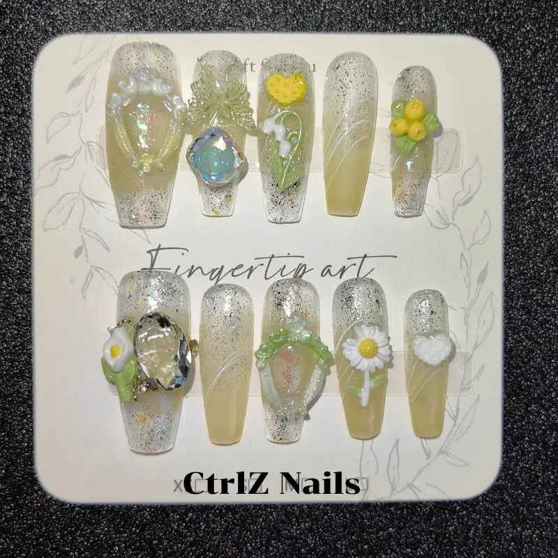 Spring Press On Nails - Sheer Yellow Green Pastel Design Handmade Fake Nails