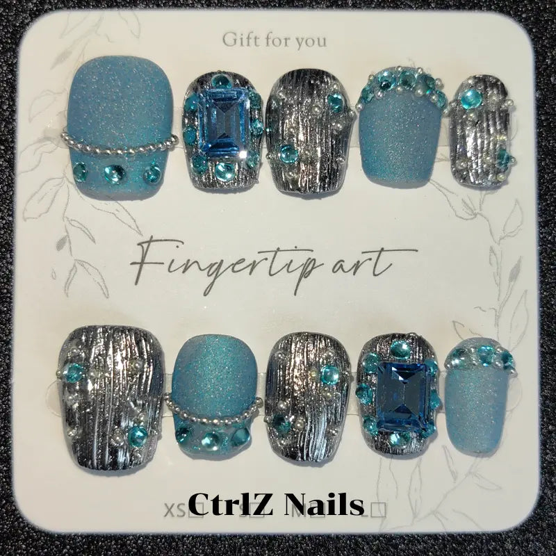 Chrome Press On Nails - Iridescent Sapphire Blue Handmade Fake Nails