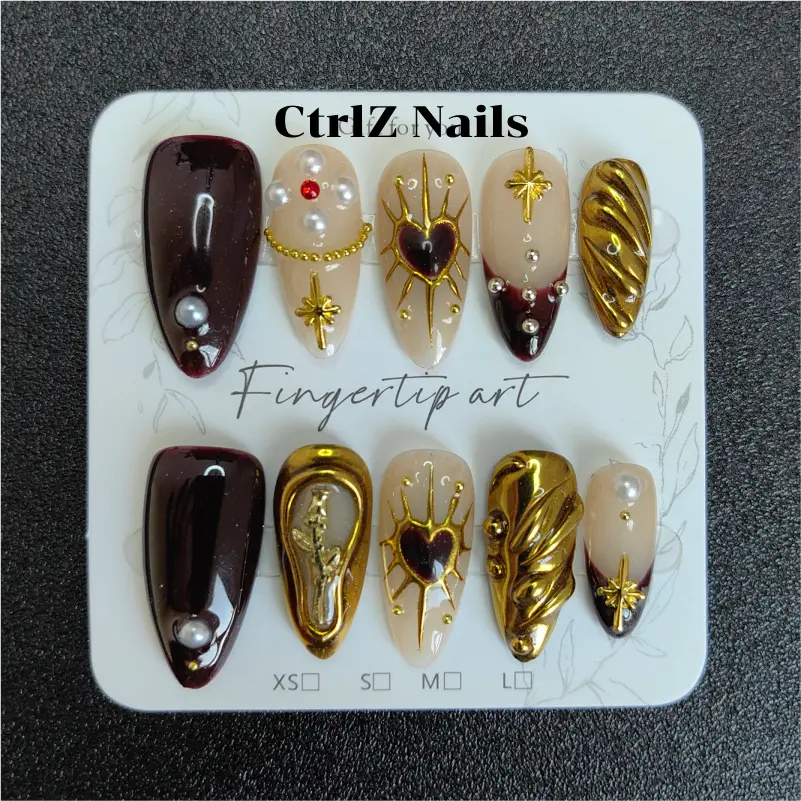 Golden Hex Rose Press On Nails - Handmade 3D Floral False Nails with Metallic Geometric Design