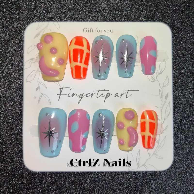 3D Dopamine Rainbow Press On Nails - Handmade Color-Clash False Nails with Unique Design