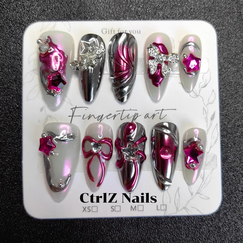 Silver Pink Press On Nails - Edgy Sweet Liquid Sugar Design Handmade Fake Nails