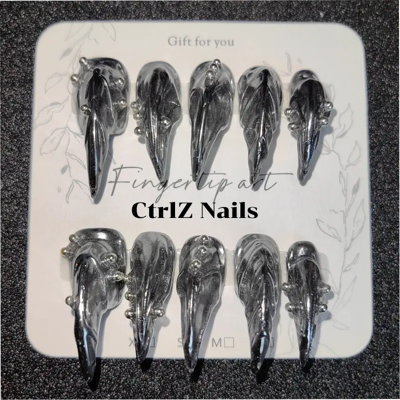 Halloween Press On Nails - Dark Chrome Silver Werewolf Claws, Sharp Metallic Fake Nails