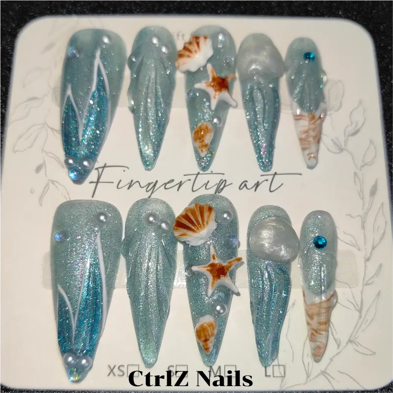 Handcrafted Dreamy Shell Press On Nails - Elegant Mermaid Style Fake Nails for Summer