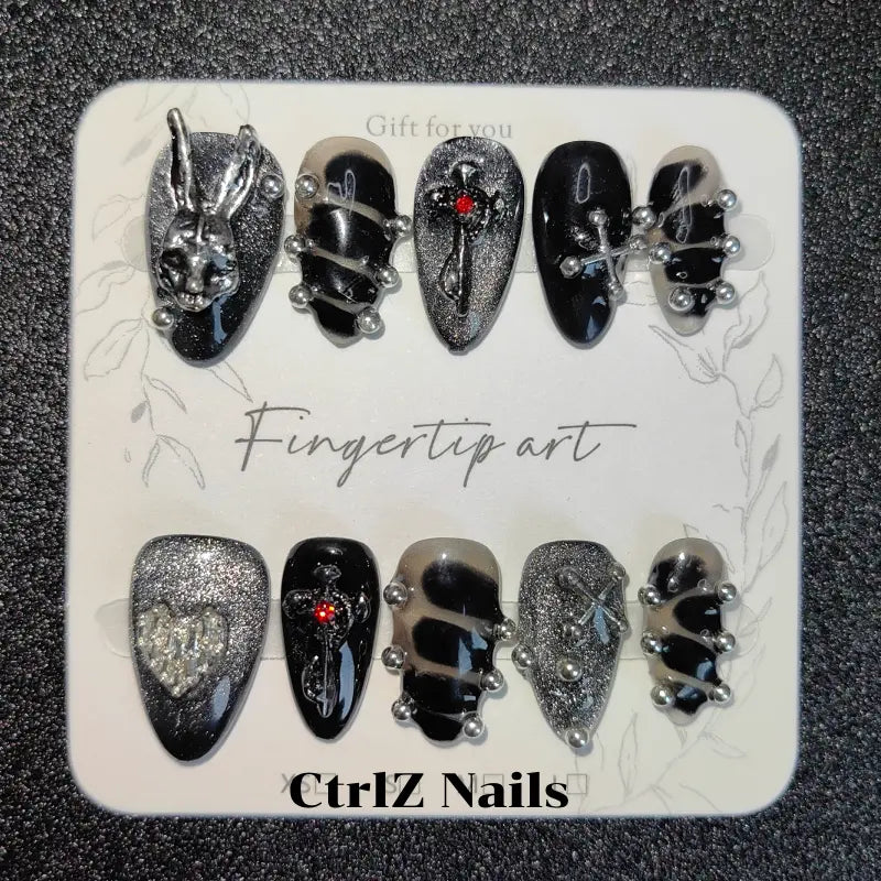 Y2K Press On Nails - Gothic Bunny Cross Design Long Lasting Fake Nails