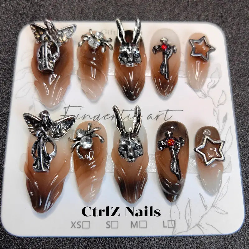 Vintage Punk Press On Nails - Gothic Bunny Head Spider Goddess Design Handmade Fake Nails