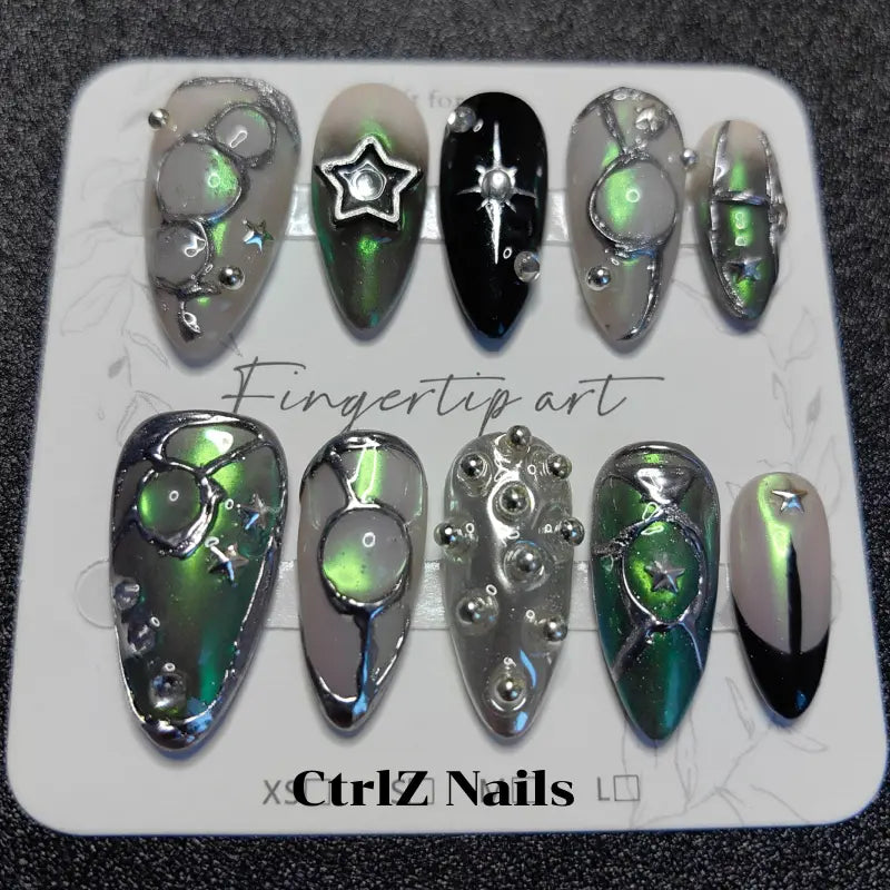 Silver Chrome Press On Nails – Mirror Shine Glow in the Dark Nail Designs for Salon & Nail Art Lovers | Handmade Fake Nails Set