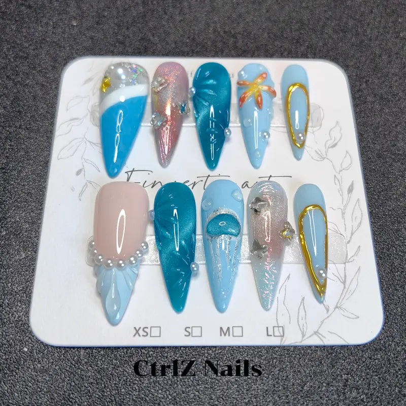 Abyssal Dream Fake Nails - Ocean Fantasy Pearl & Shell Design Handmade Fake Nails