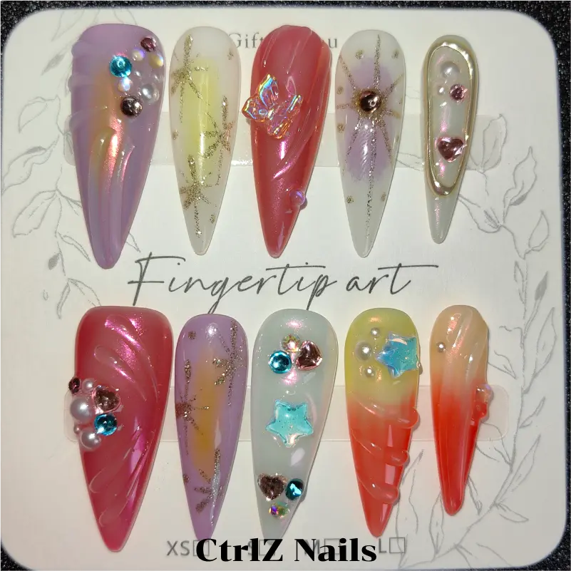 Handmade Summer Beach Press On Nails - Blue Ocean Ombre Glitter Acrylic Fake Nails