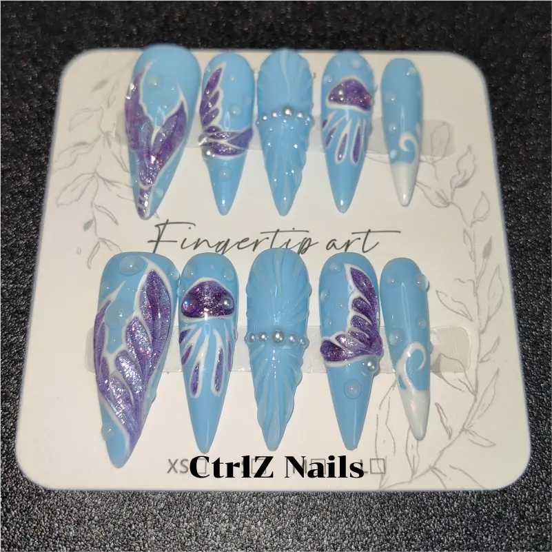 Handmade Mermaid Waves Press On Nails - Blue Ombre Glitter Acrylic Fake Nails