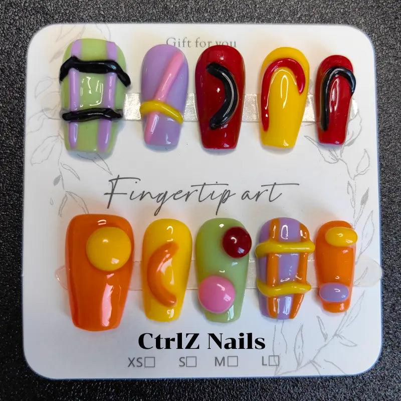 3D Dopamine Candy Clash Press On Nails - Handmade Color Block Glitter False Nails with Sculpted Design