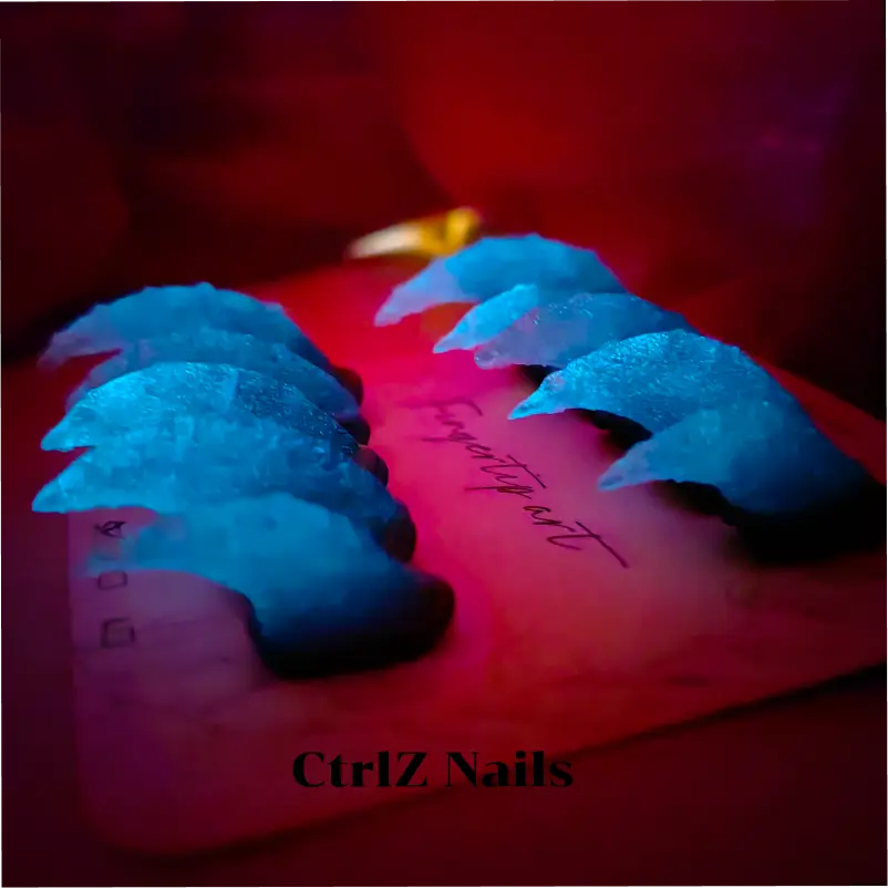 Handmade Halloween Glow in The Dark Press On Nails - Neon Frost Eagle Claw Design with UV Reactive & Icy Sparkle