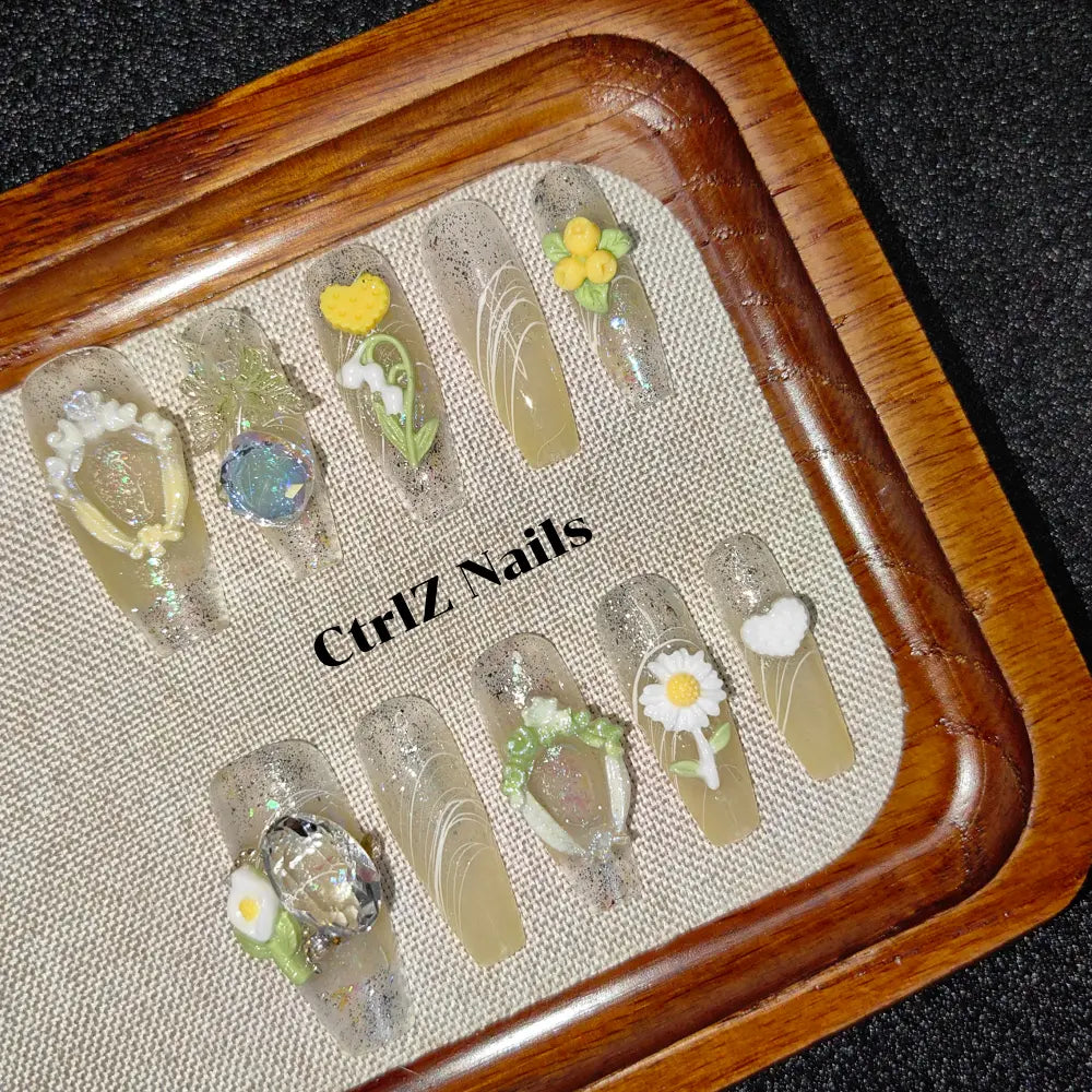 Spring Press On Nails - Sheer Yellow Green Pastel Design Handmade Fake Nails