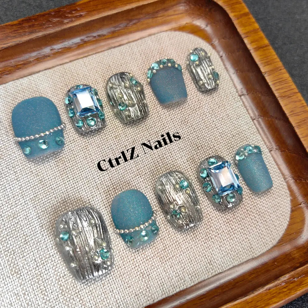 Chrome Press On Nails - Iridescent Sapphire Blue Handmade Fake Nails