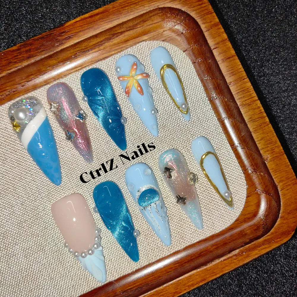 Abyssal Dream Fake Nails - Ocean Fantasy Pearl & Shell Design Handmade Fake Nails