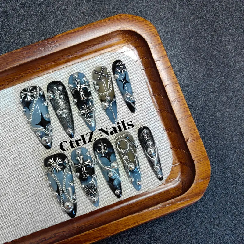 Handmade Cross & Studs Press-On Nails