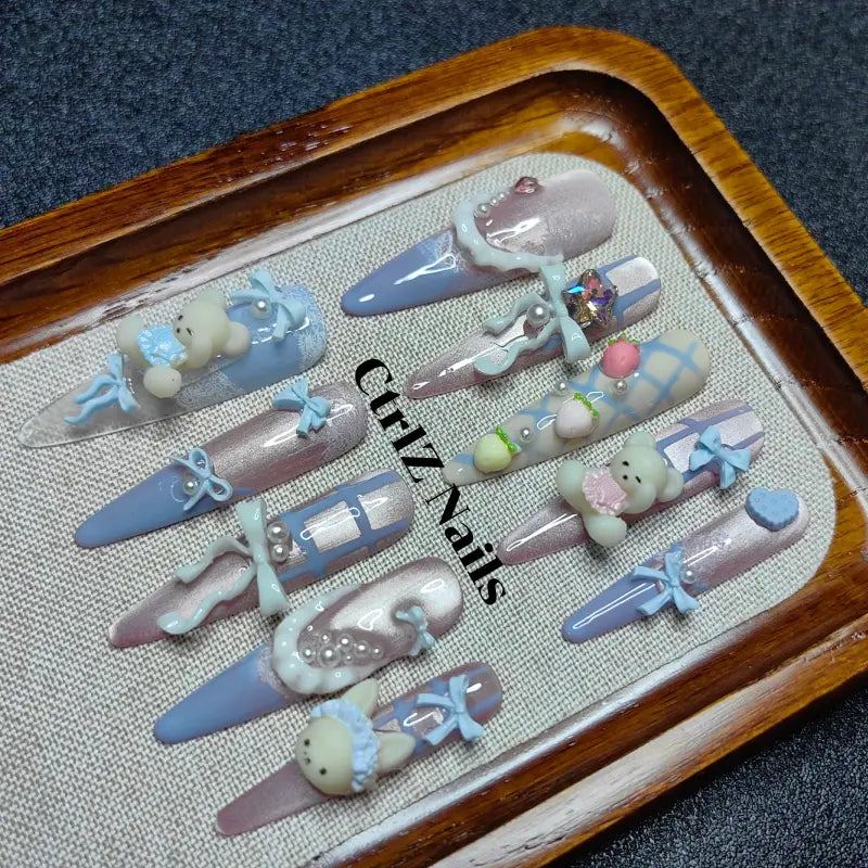 Teddy Bear Press On Nails - Pastel Blue Pink with 3D Pudding Design Handmade Fake Nails