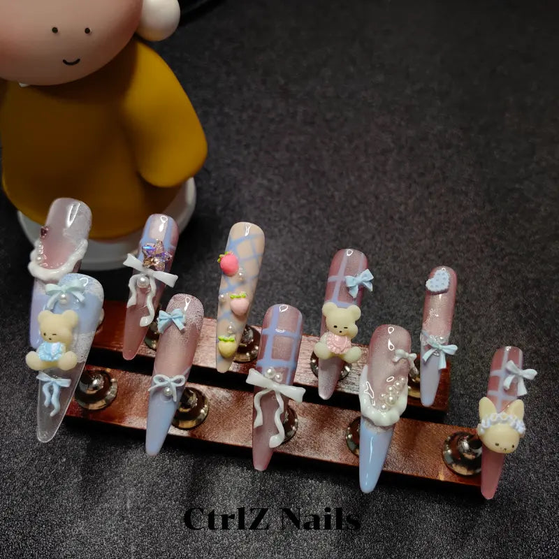 Teddy Bear Press On Nails - Pastel Blue Pink with 3D Pudding Design Handmade Fake Nails