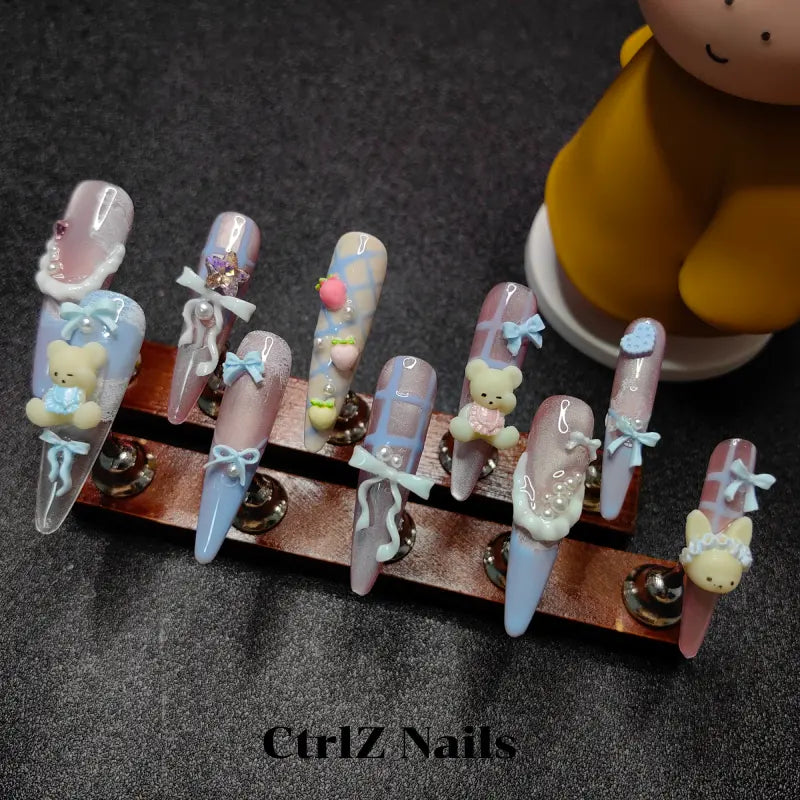 Teddy Bear Press On Nails - Pastel Blue Pink with 3D Pudding Design Handmade Fake Nails