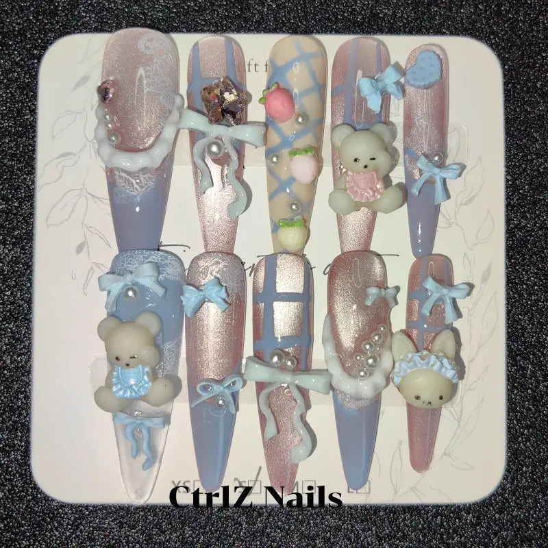 Teddy Bear Press On Nails - Pastel Blue Pink with 3D Pudding Design Handmade Fake Nails