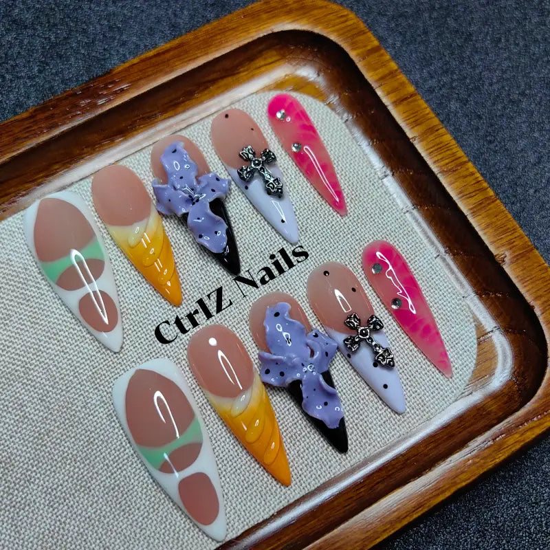 3D Floral Press On Nails - Hand Carved Botanical Design Handmade Fake Nails