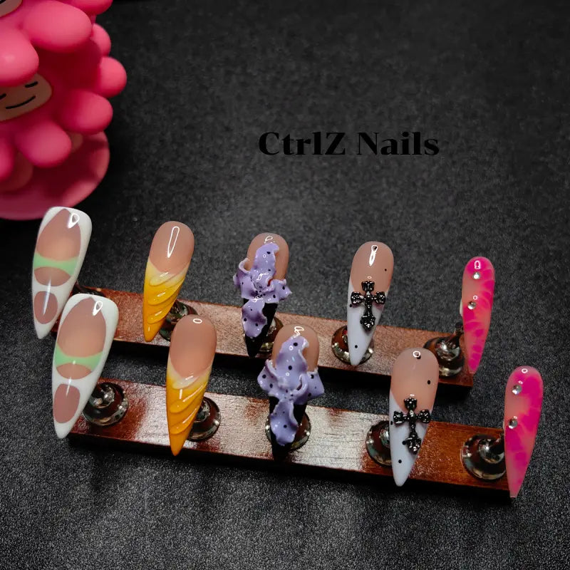 3D Floral Press On Nails - Hand Carved Botanical Design Handmade Fake Nails