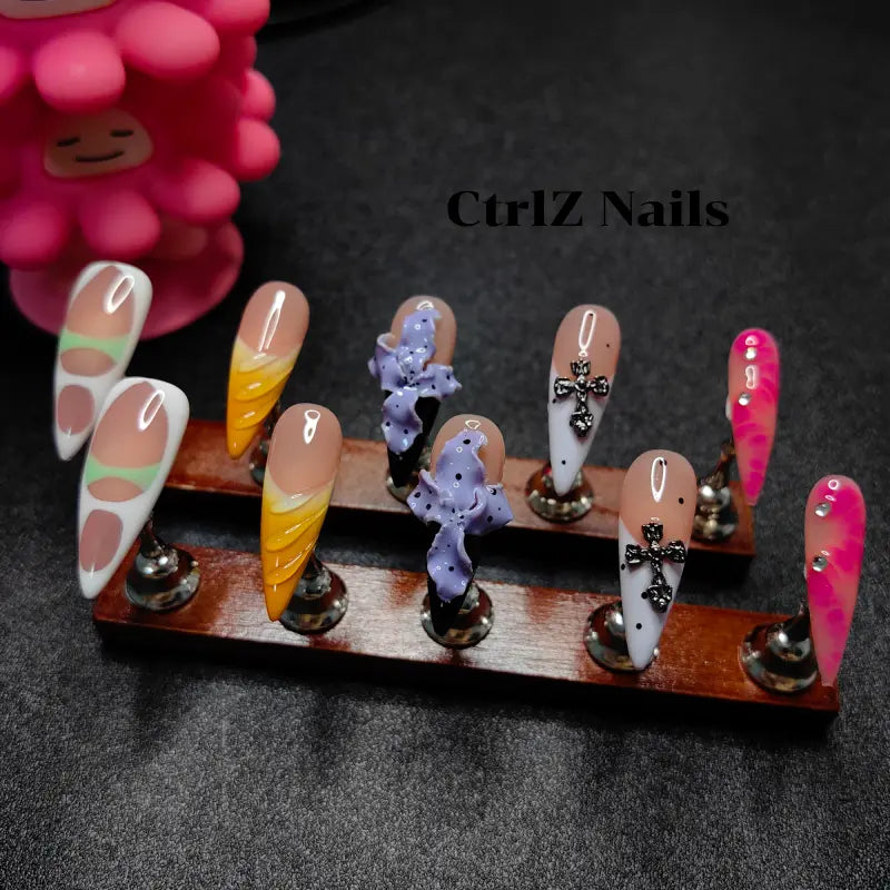 3D Floral Press On Nails - Hand Carved Botanical Design Handmade Fake Nails
