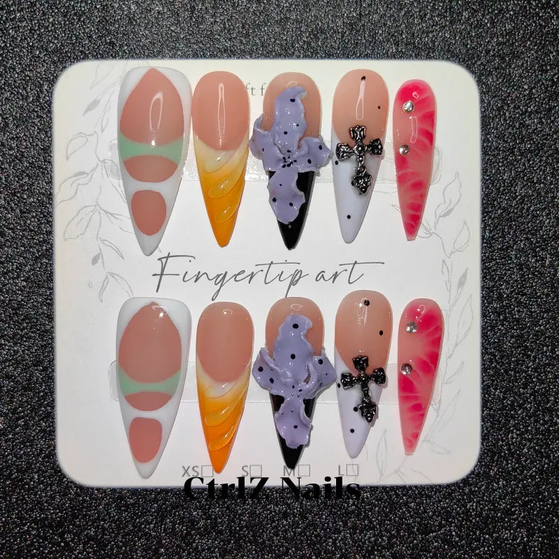 3D Floral Press On Nails - Hand Carved Botanical Design Handmade Fake Nails