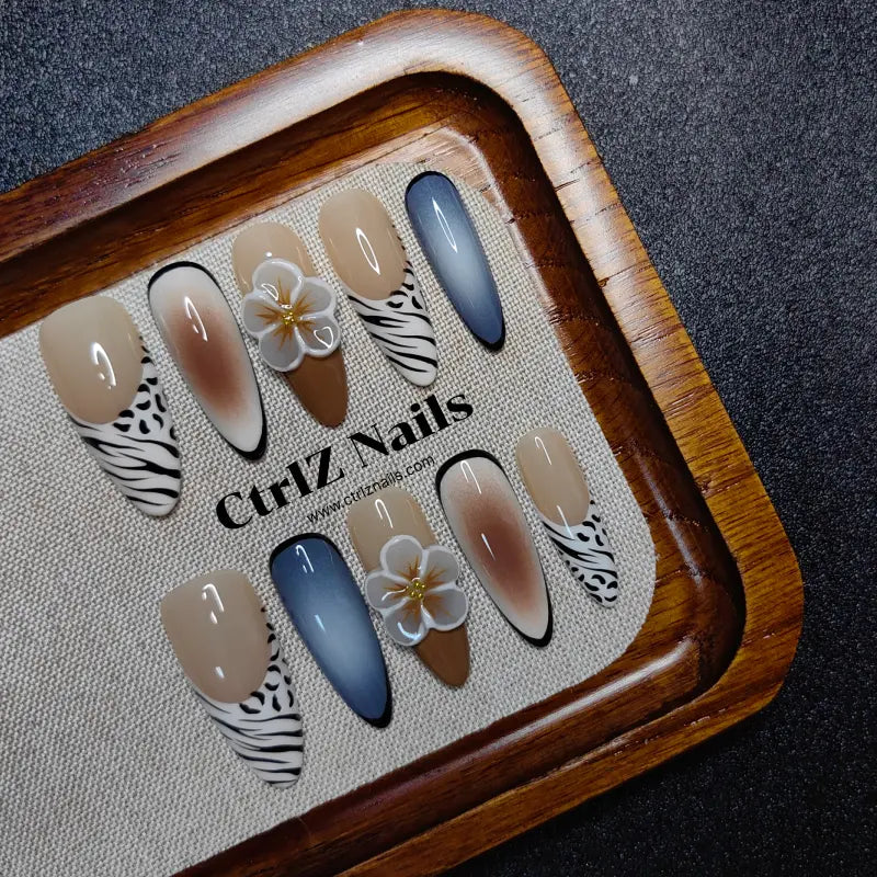 Handmade Press-On Nails: Chic 3D Carved Zebra Print