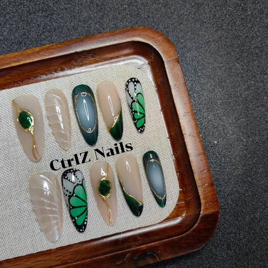 Luxe Green Cat’s Eye press on nails with elegant handmade finish