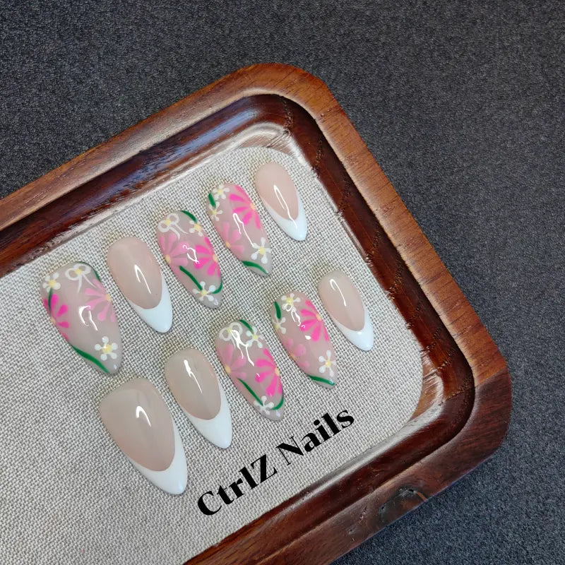 Spring Floral Press On Nails - Garden Blossom Design Handmade Fake Nails