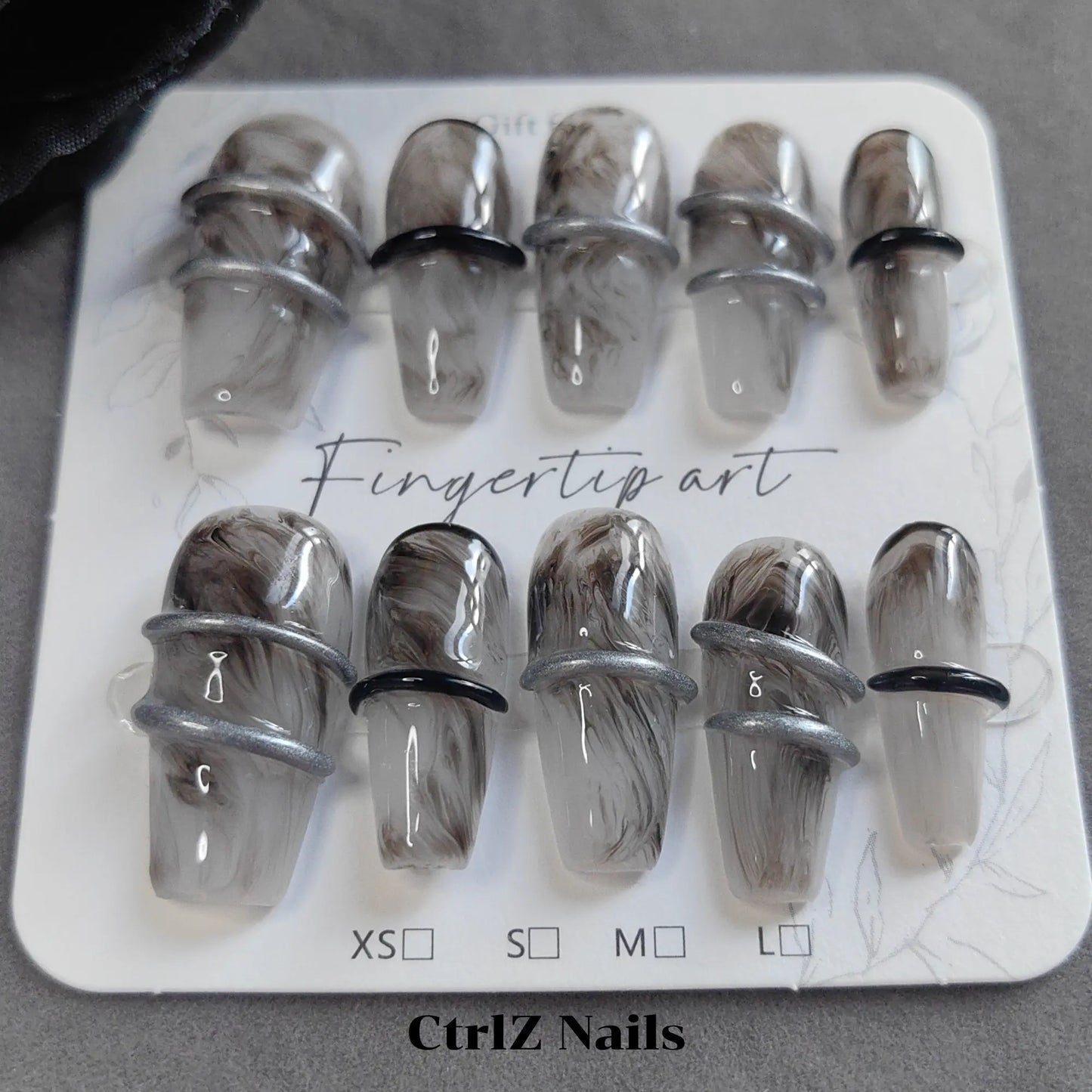 Fashion-Forward Dark Gothic Medium Coffin Press On Nails with Smoky Ink Wash and Mechanical Vibe