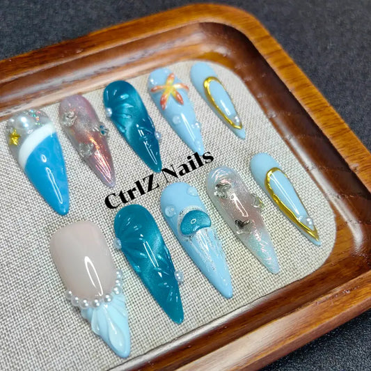 Handmade Ocean Fantasy Press-On Nails