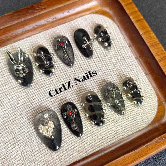 Handmade Y2K press on nails with gothic bunny cross artwork