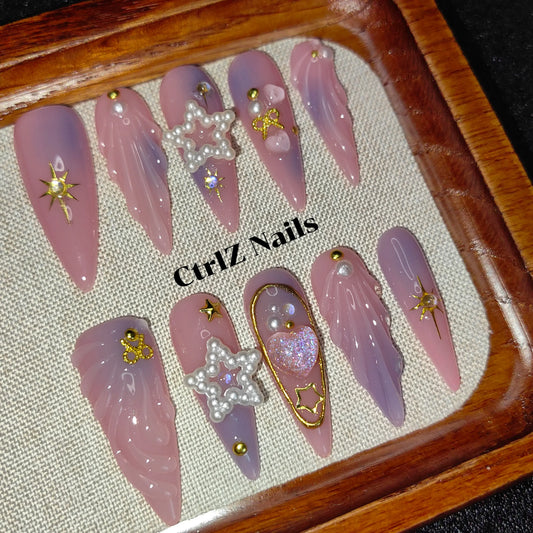 Handmade Celestial Stars Press-On Nails | Glue-On Fake Nails | Acrylic Starry Sky Design