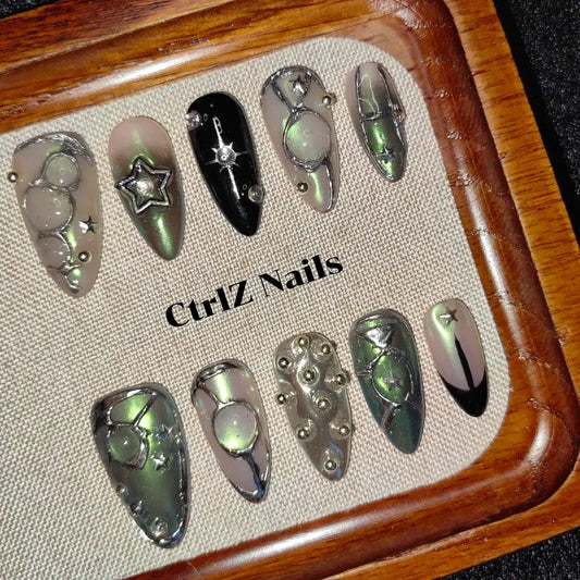 Silver Chrome Press On Nails – Mirror Shine Glow in the Dark Nail Designs for Salon & Nail Art Lovers | Handmade Fake Nails Set