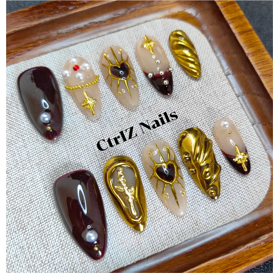 Golden Hex Rose Press On Nails - Handmade 3D Floral False Nails with Metallic Geometric Design