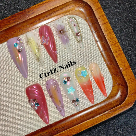 Handmade Summer Beach Press On Nails - Blue Ocean Ombre Glitter Acrylic Fake Nails