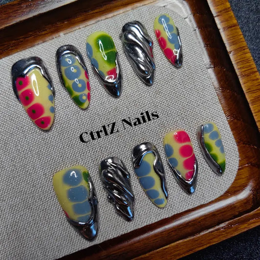 Metallic Crocodile Press On Nails - 3D Textured Handmade Fake Nails Gold Silver