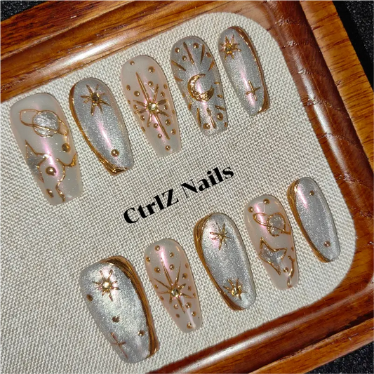 Celestial Press On Nails - Galaxy Holographic Stars Handmade Fake Nails