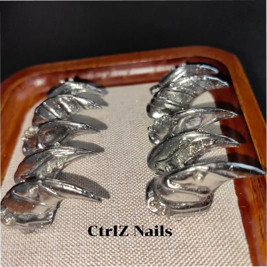 Halloween Press On Nails - Dark Chrome Silver Werewolf Claws, Sharp Metallic Fake Nails