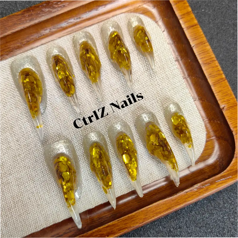 Halloween Press On Nails - Glitter Gold Eagle Claw Fake Nails Set, Witchy Horror Style