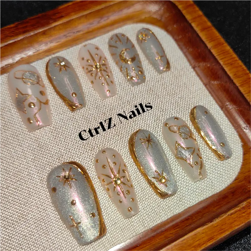 Celestial Press On Nails - Galaxy Holographic Stars Handmade Fake Nails