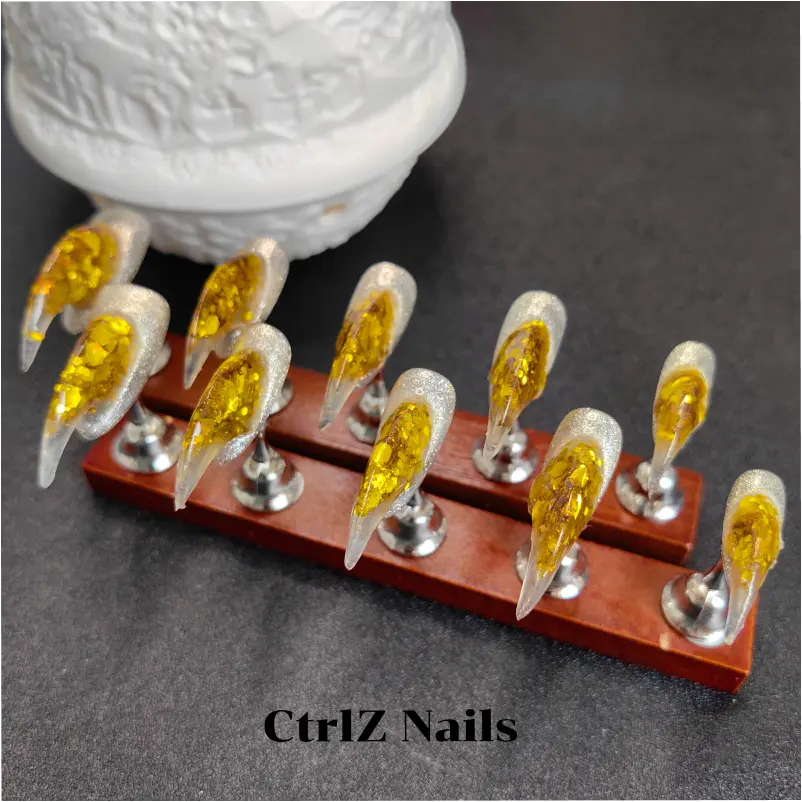 Halloween Press On Nails - Glitter Gold Eagle Claw Fake Nails Set, Witchy Horror Style